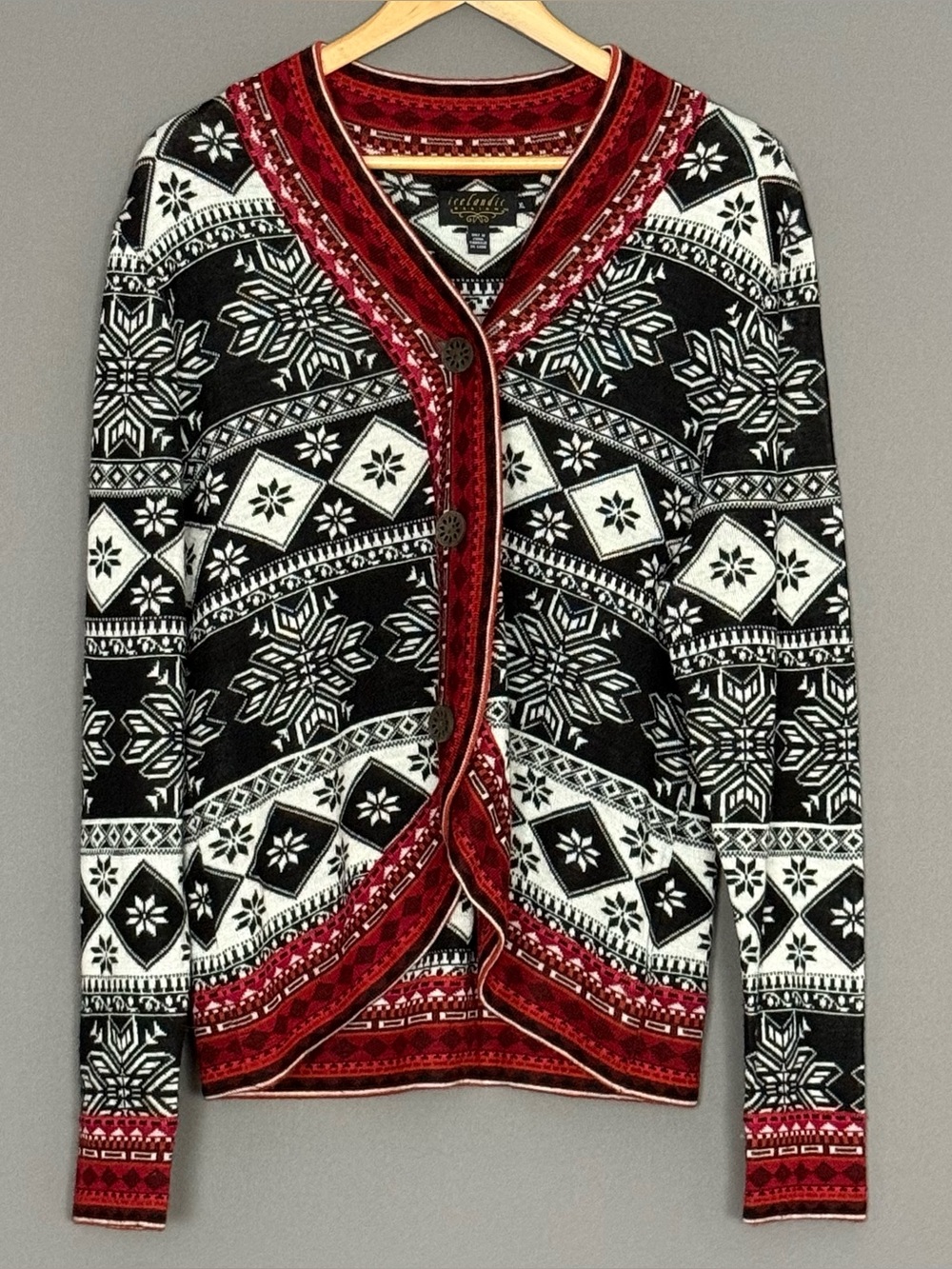 Icelandic Design Nordic Fair Isle Wool Cardigan Women Black Red XL Cabincore